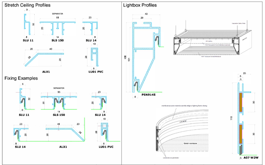Fixing profiles for lightbox and stretch ceiling